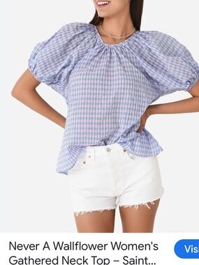 Never a Wallflower reg price$ Gathered Neck Gingham Puff-Sleeve Top - Lavender/p